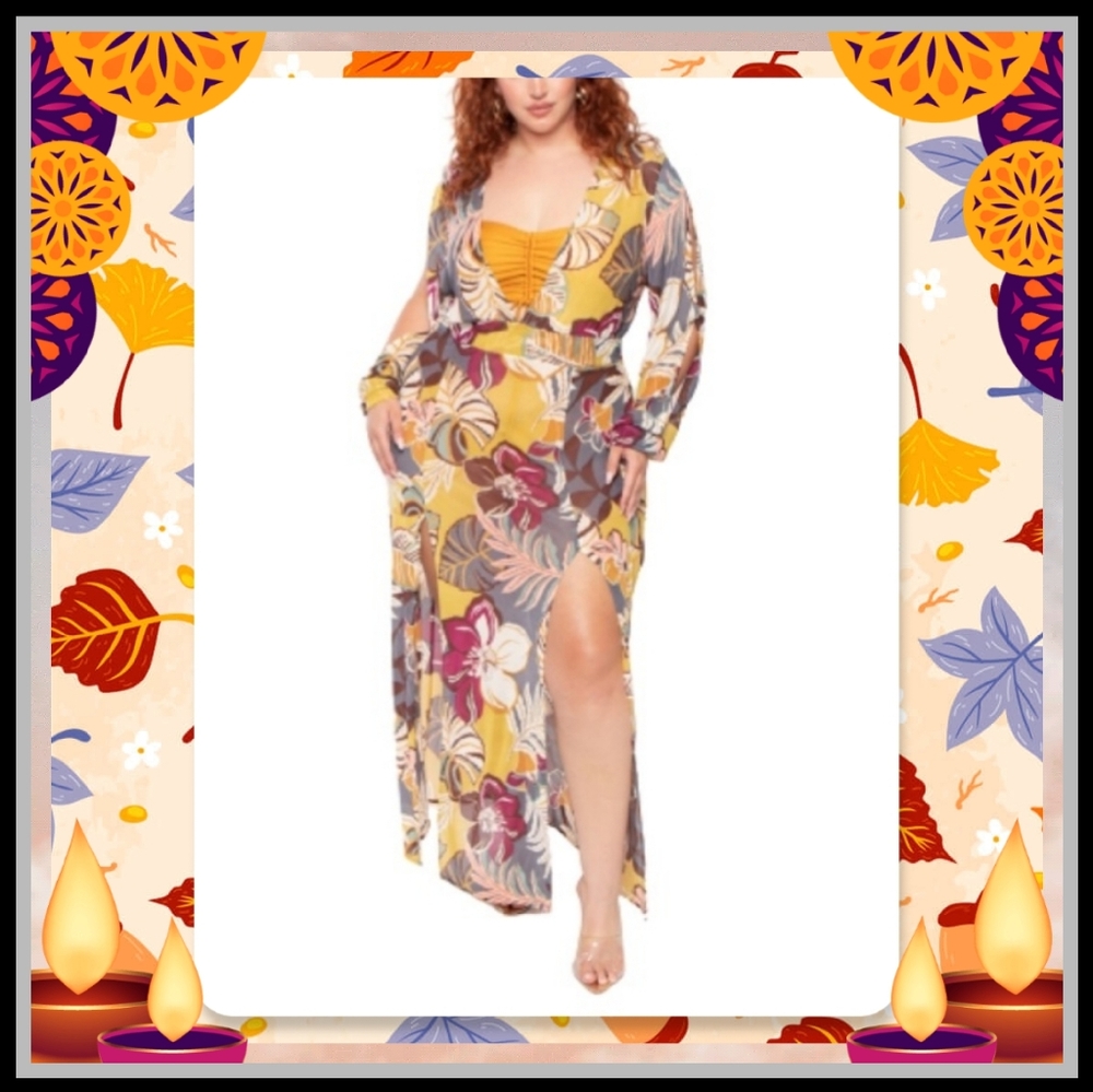 CURVY SENSE ☆ TROPICAL PRINT MESH ☆  MAXI COVER-UP DRESS ☆ 4x ☆ NIP